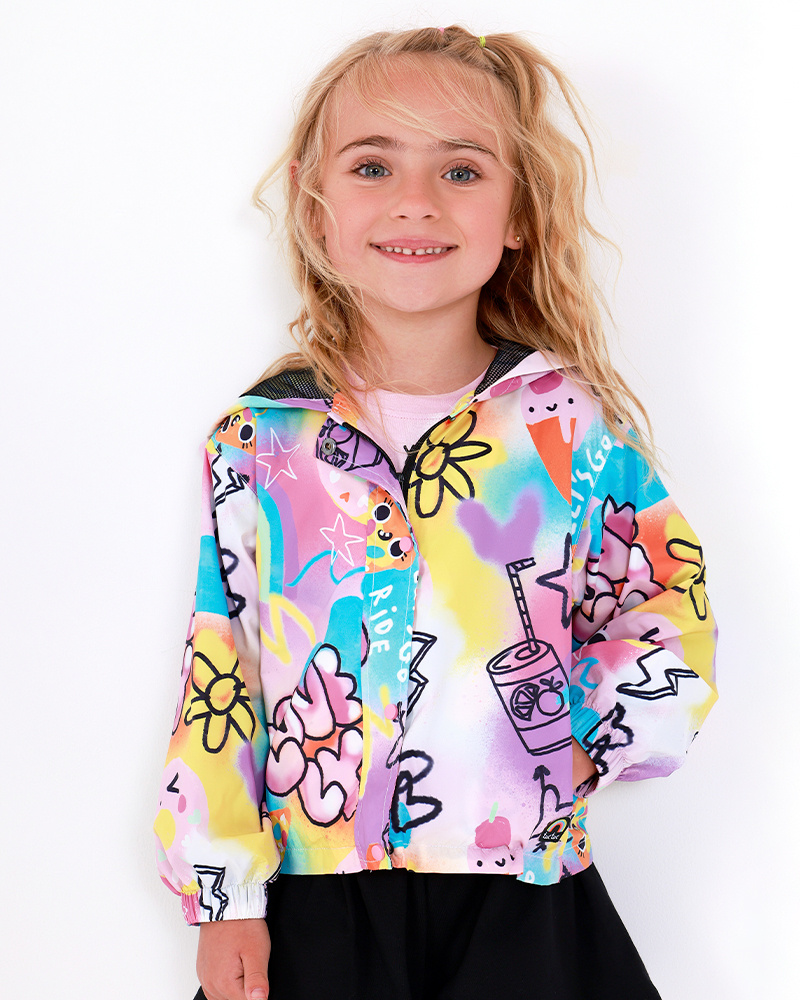 Pink windbreaker for girls with floral and lightning print