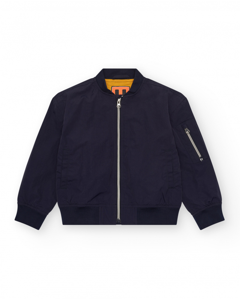 Navy blue bomber-style boy's jacket with metal zipper.