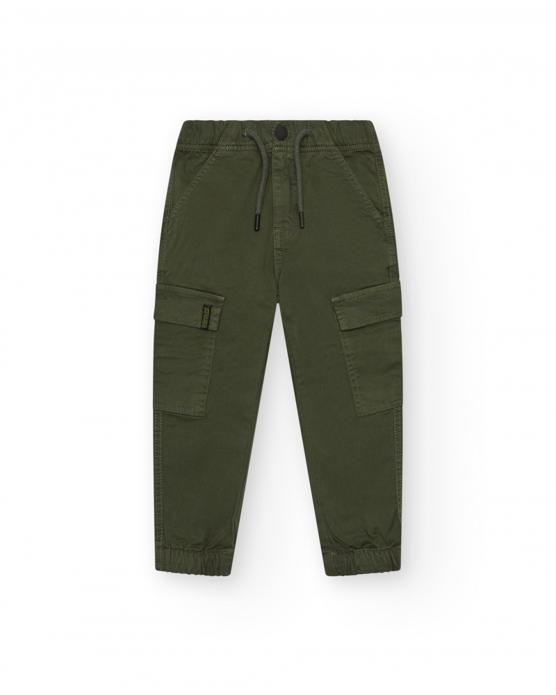 Green cargo boy's trousers with adjustable waist and elasticated cuffs.