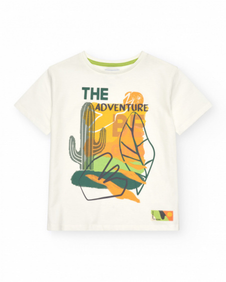 Off-white boy's t-shirt with multicolor graphic print.