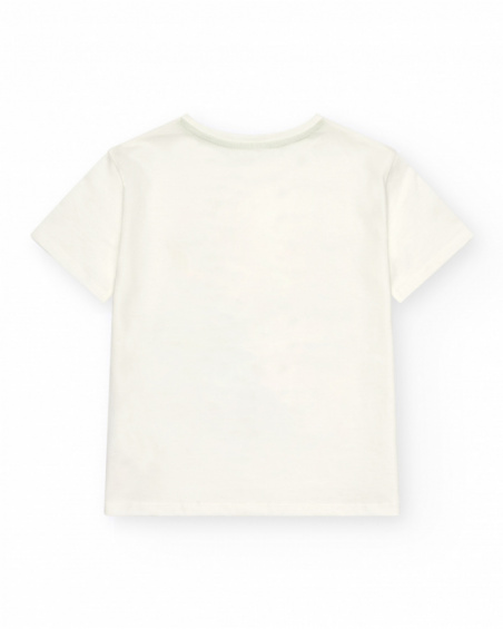 Off-white boy's t-shirt with multicolor graphic print.