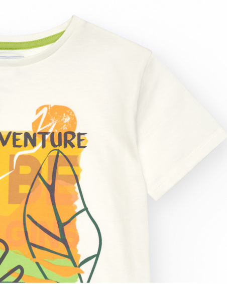 Off-white boy's t-shirt with multicolor graphic print.