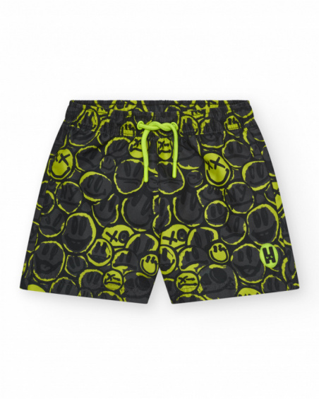 Black boy's swim shorts with emoji print and neon drawstring.