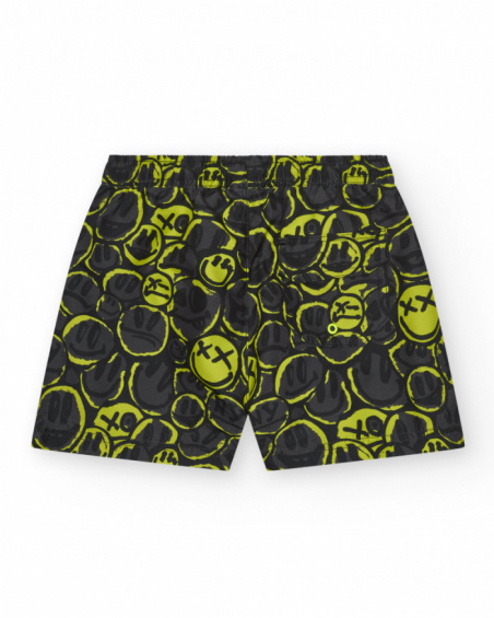 Black boy's swim shorts with emoji print and neon drawstring.