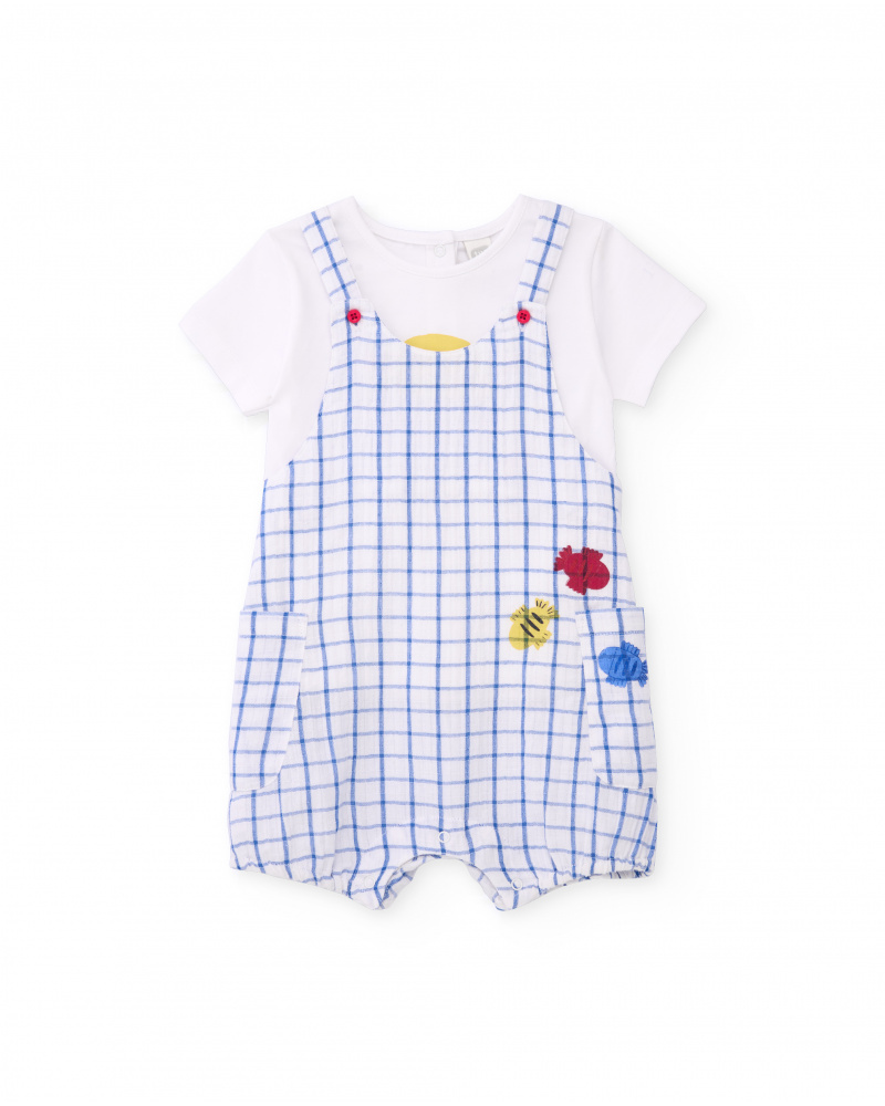 Baby boys’ knit dungarees and T-shirt set in white with checked print