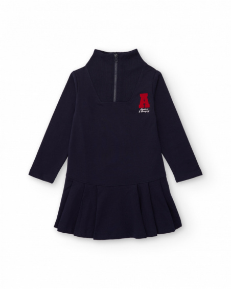 Navy blue sporty dress for girls with front zipper