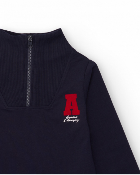 Navy blue sporty dress for girls with front zipper