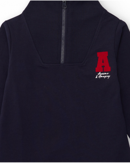 Navy blue sporty dress for girls with front zipper