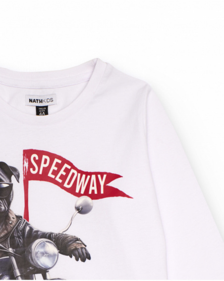 White long-sleeve t-shirt for boys with biker dog print
