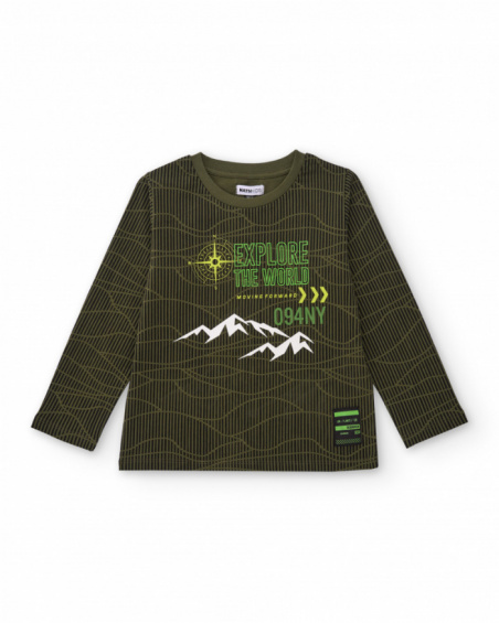 Green long-sleeve t-shirt for boys with mountain and text print