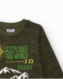 Green long-sleeve t-shirt for boys with mountain and text print