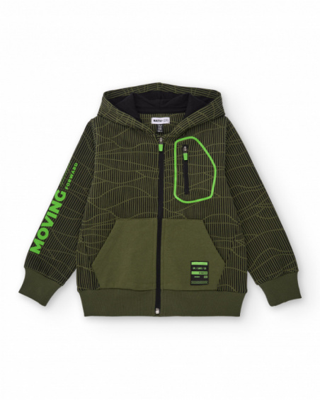Green hooded sweatshirt for boys with graphic print and neon details