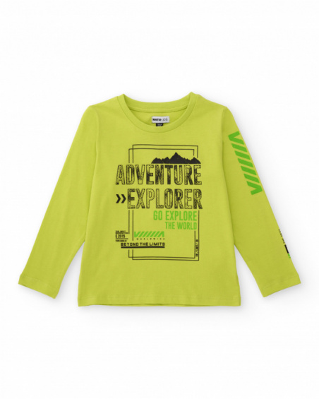 Neon green long-sleeve t-shirt for boys with “Adventure Explorer” print