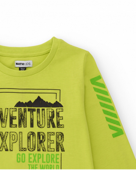 Neon green long-sleeve t-shirt for boys with “Adventure Explorer” print