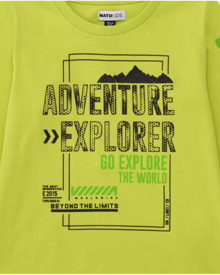 Neon green long-sleeve t-shirt for boys with “Adventure Explorer” print