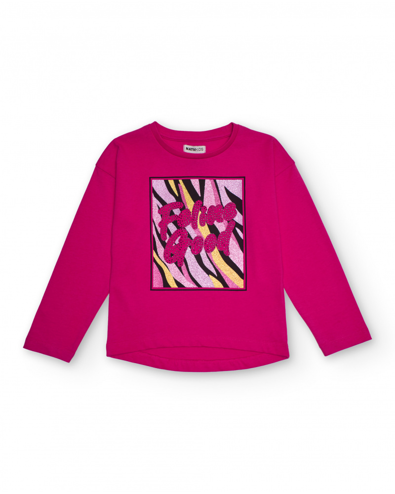 Fuchsia long-sleeve t-shirt for girls with glitter “Feeling Good” print