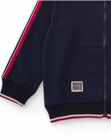 Navy blue bomber jacket for boys with red details and embroidered text