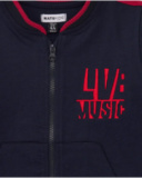 Navy blue bomber jacket for boys with red details and embroidered text