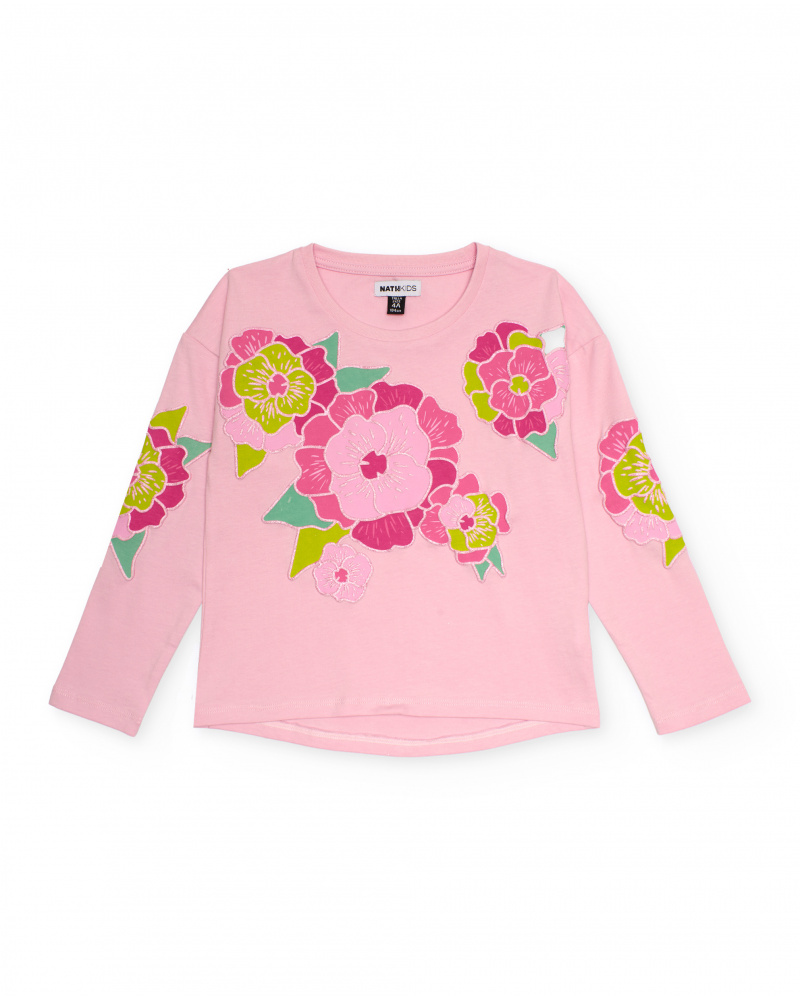 Pink long sleeve t-shirt with embroidered flowers for girls