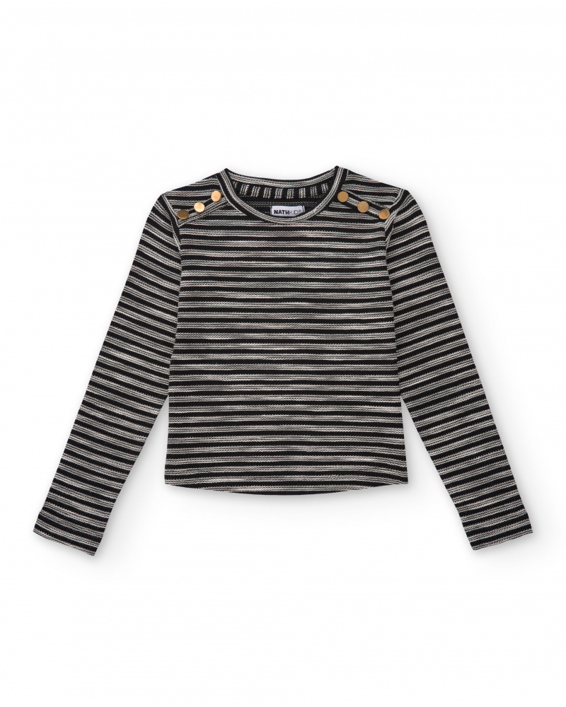 Girls' long-sleeve striped top with decorative buttons