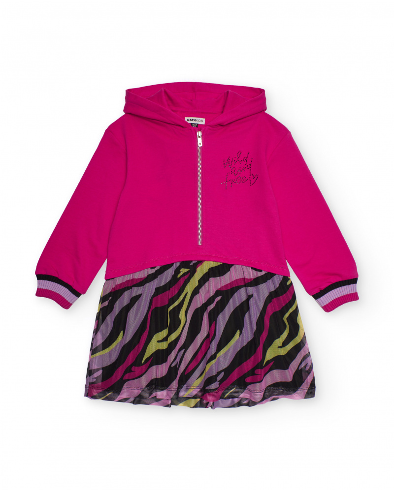 Fuchsia sweatshirt dress with printed pleated skirt for girls