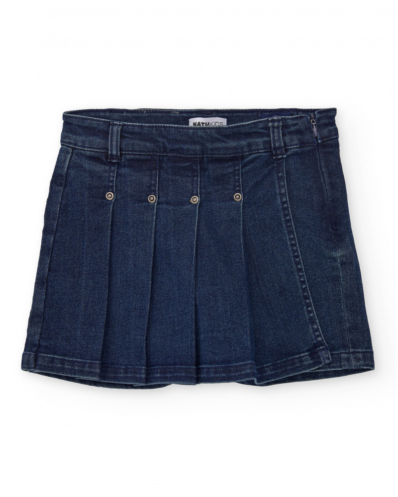 Girl’s dark blue denim-style skort with pleats