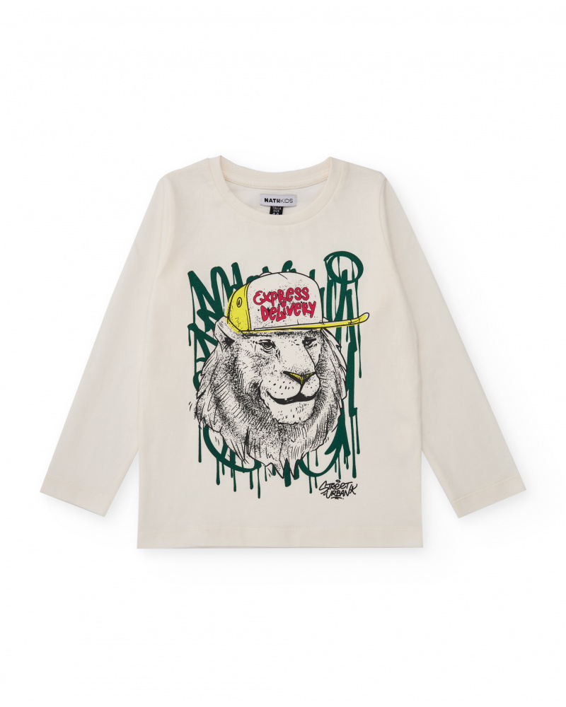 Off-white long-sleeve t-shirt with urban lion print for boys