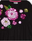 Black long-sleeve dress with sequin flowers for girls