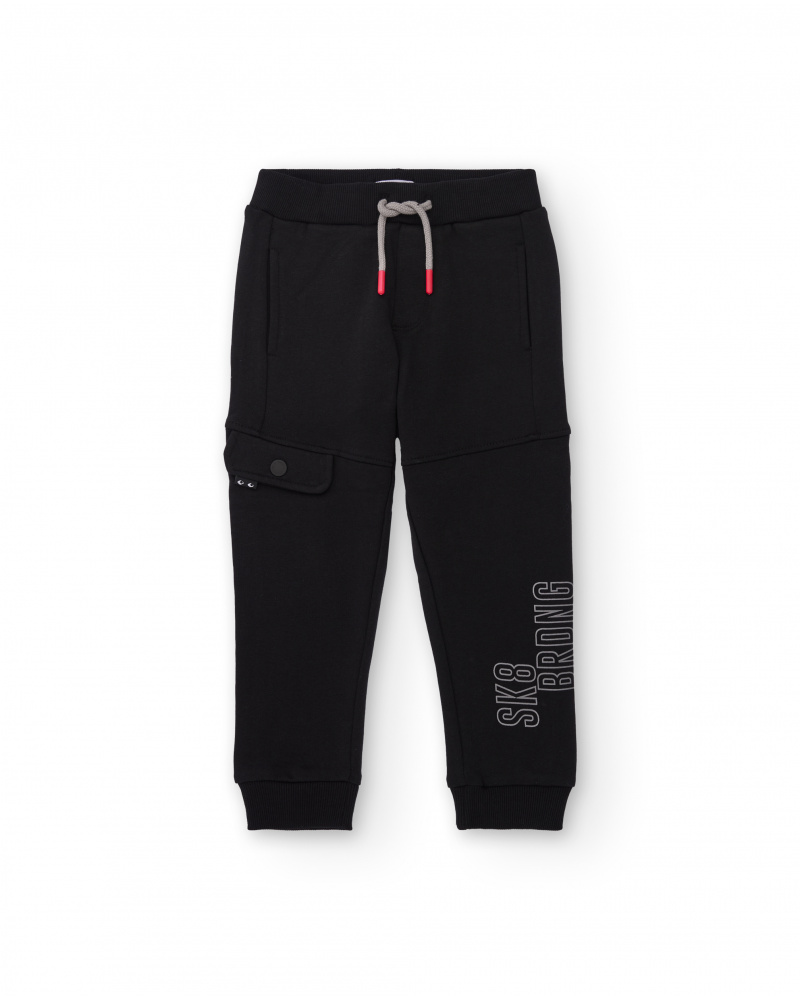 Black jogger pants with side pocket and print for boys