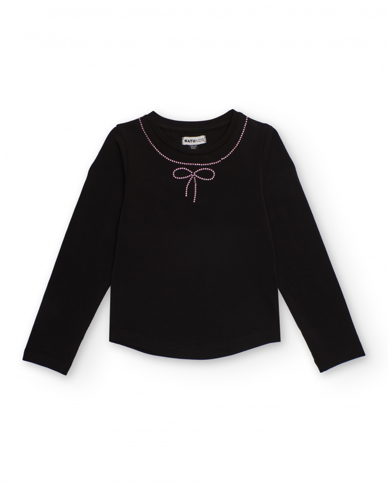 Black long-sleeve t-shirt with rhinestone bow detail for girls