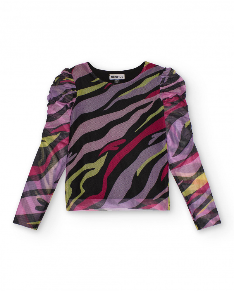 Girls’ tulle top with multicolor print and ruched sleeves