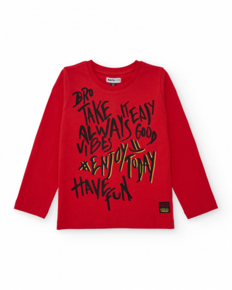 Red long-sleeve t-shirt for boys with graphic message