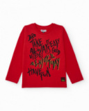 Red long-sleeve t-shirt for boys with graphic message