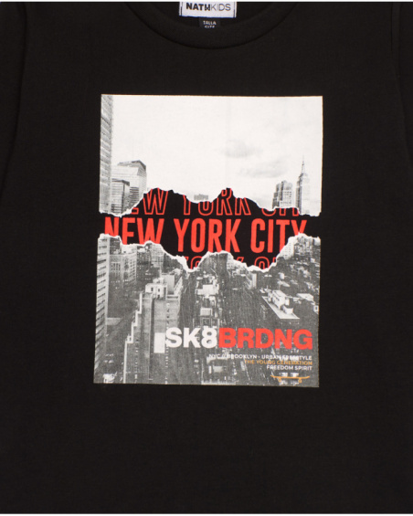 Black long-sleeve t-shirt for boys with New York urban print