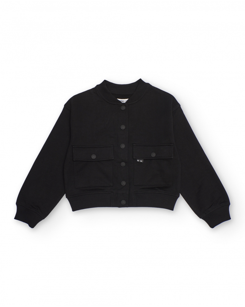 Black fleece jacket for girls with front pockets