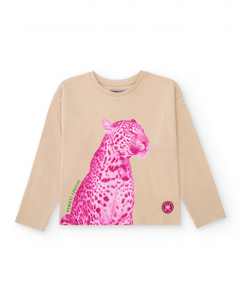 Beige long-sleeve t-shirt for girls with pink leopard print