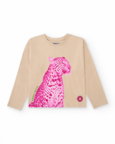 Beige long-sleeve t-shirt for girls with pink leopard print