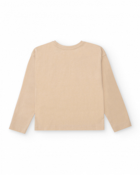 Beige long-sleeve t-shirt for girls with pink leopard print