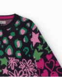 Multicolor knit sweater for girls with hearts, stars and flowers