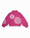 Pink sweater for girls with turtleneck and large flowers