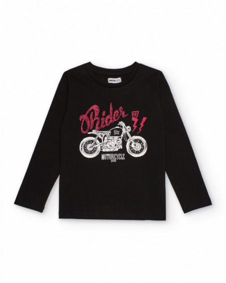 Black long-sleeved T-shirt for boys with motorcycle print