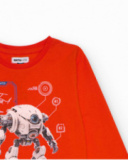 Long sleeve orange t-shirt for boys with robot print