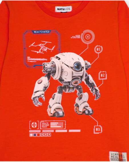 Long sleeve orange t-shirt for boys with robot print