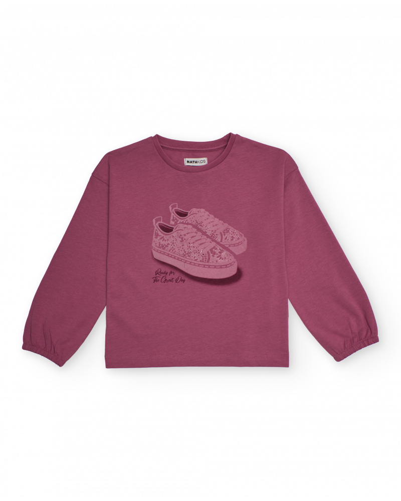 Long-sleeved burgundy T-shirt for girls with sneakers print