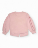 Pink sweatshirt for girls with pleats and feather print