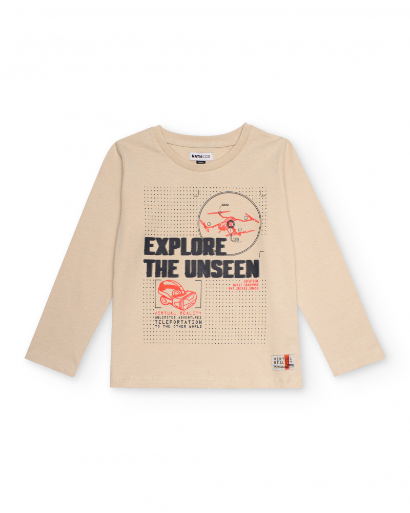 Beige long-sleeve t-shirt for boys with tech-themed graphic