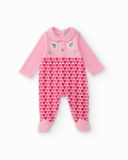 Pink velvet romper for newborn with little face and hearts design