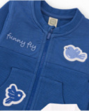 Three-piece set for newborn in blue and white tones with bird details.