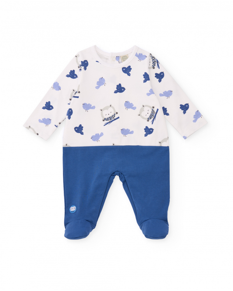 Knit romper for boy in white and blue with owl and bird print