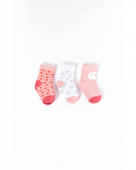 Set of 3 pairs of socks for baby girl in pink and white tones with heart designs